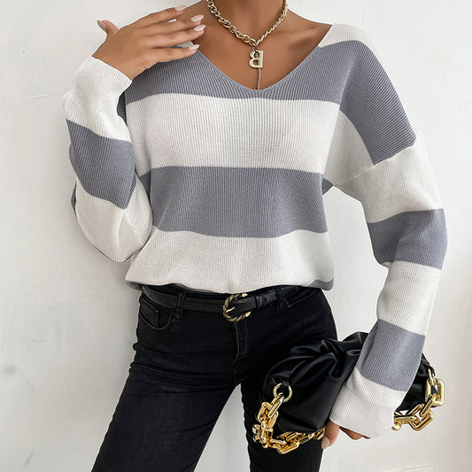 Fashion Women's Autumn Casual Long Sleeve V-Neck Striped Sweater Base