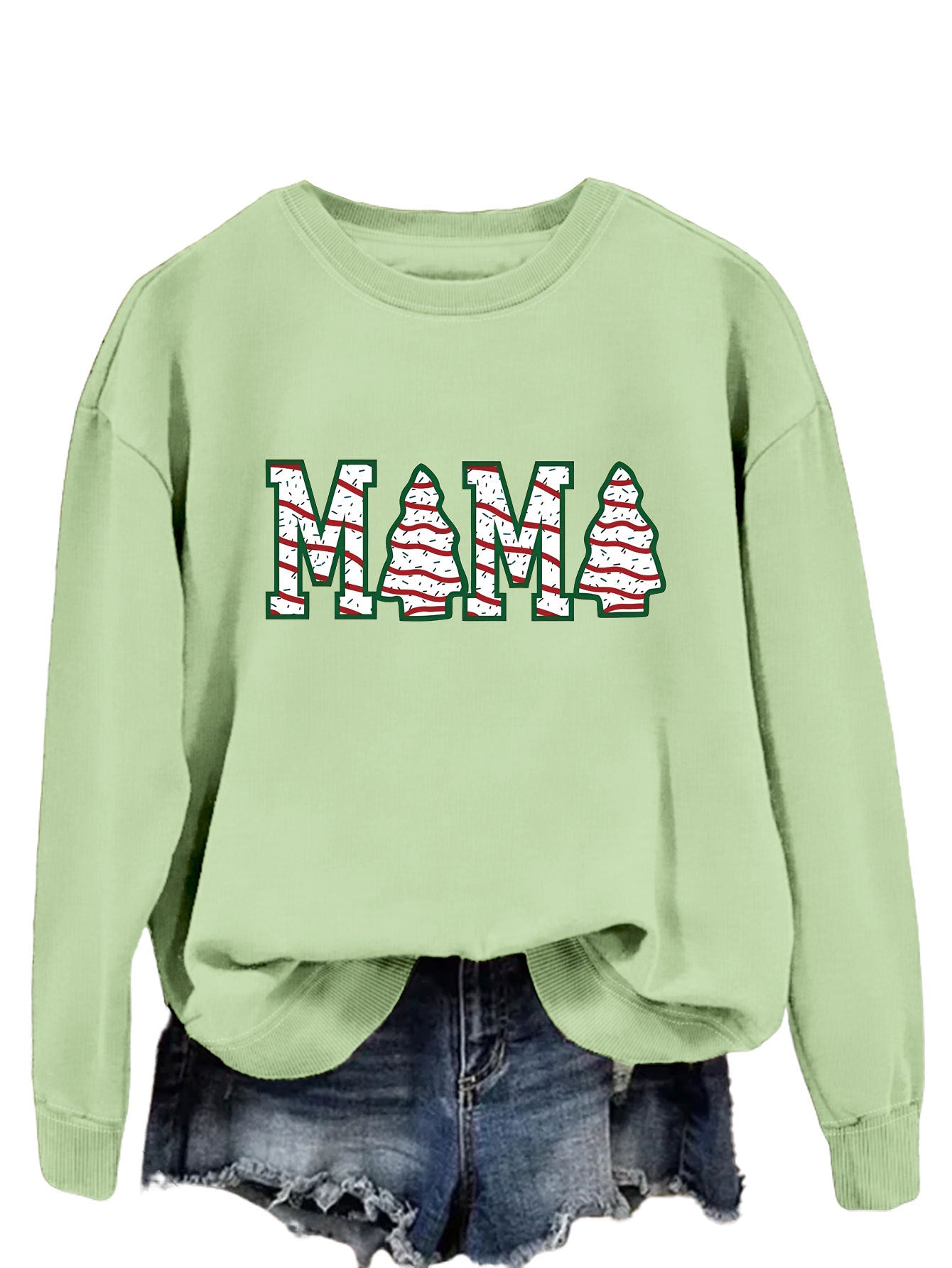 Fashion Crew-Neck Hoodie Mama Letter Christmas Tree Long Sleeve Blouse