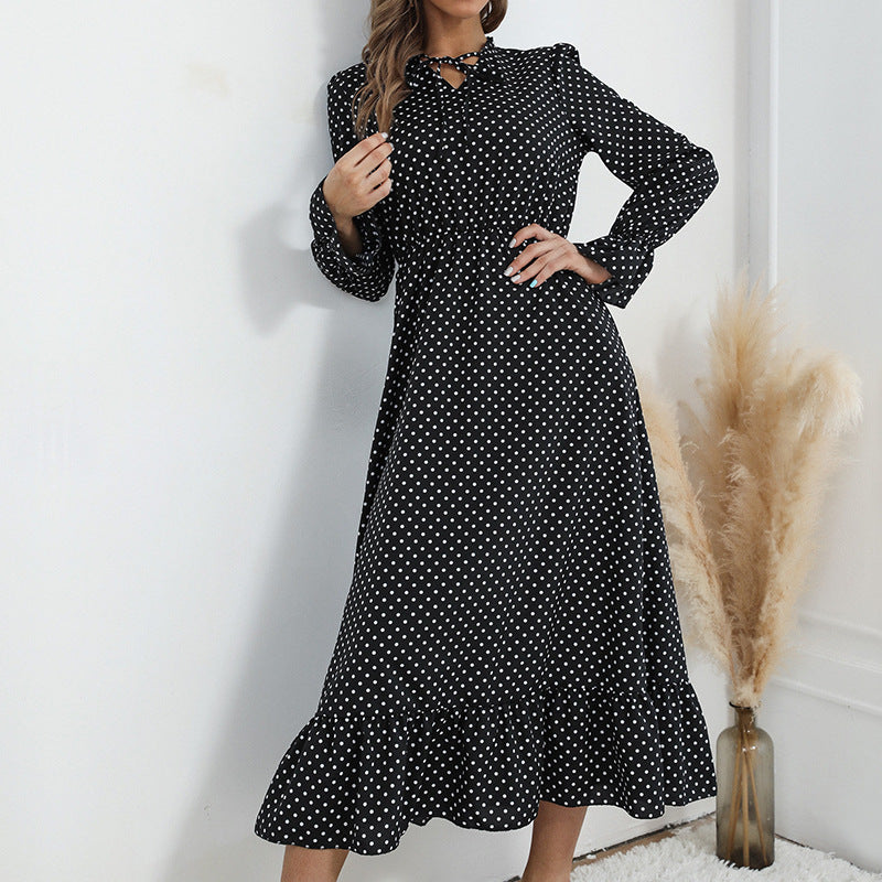 Fashion Women's Spring New Long-Sleeved Polka Dot Dress Long