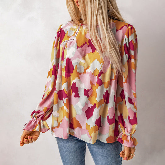 Fluffy Sleeve Chiffon Shirt Women's Round Neck Pullover Long Sleeve Top