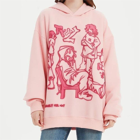 Y2K Graffiti Street Pink Casual Sports Hoodie Loose Cartoon Print Pullover Hoodie Hip Hop Men And Women