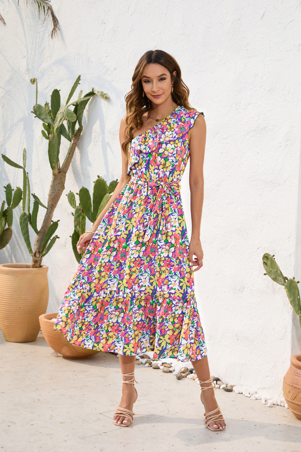 Floral Print Dress With Diagonal Shoulder Strap Casual Holiday Floaty Swing Dress