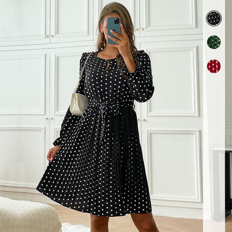 Vintage Women's Polka-Dot Autumn And Winter Pleated Skirt Round Neck Long-Sleeved Dress