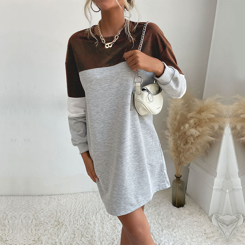 New Autumn New Women's Round Neck Straight Skirt Match Color Casual Medium Long Pullover Hoodie Dress