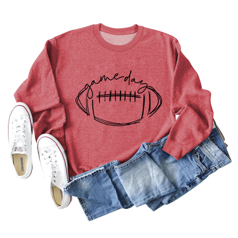 Game Day Rugby Letter-Printed Crew-Neck Fashion Long-Sleeved Hoodie With Base