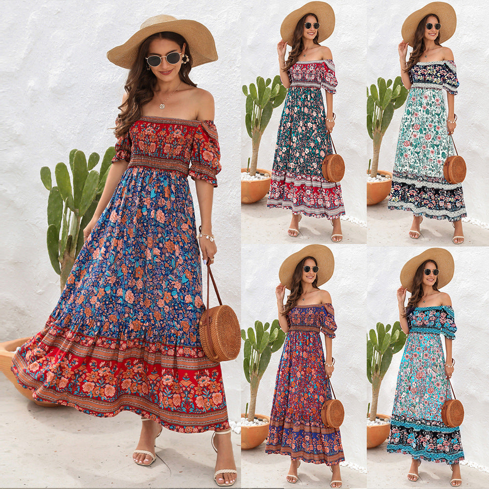 Bohemian Beach Holiday Dress One-Shoulder Puff Sleeve Long Dress