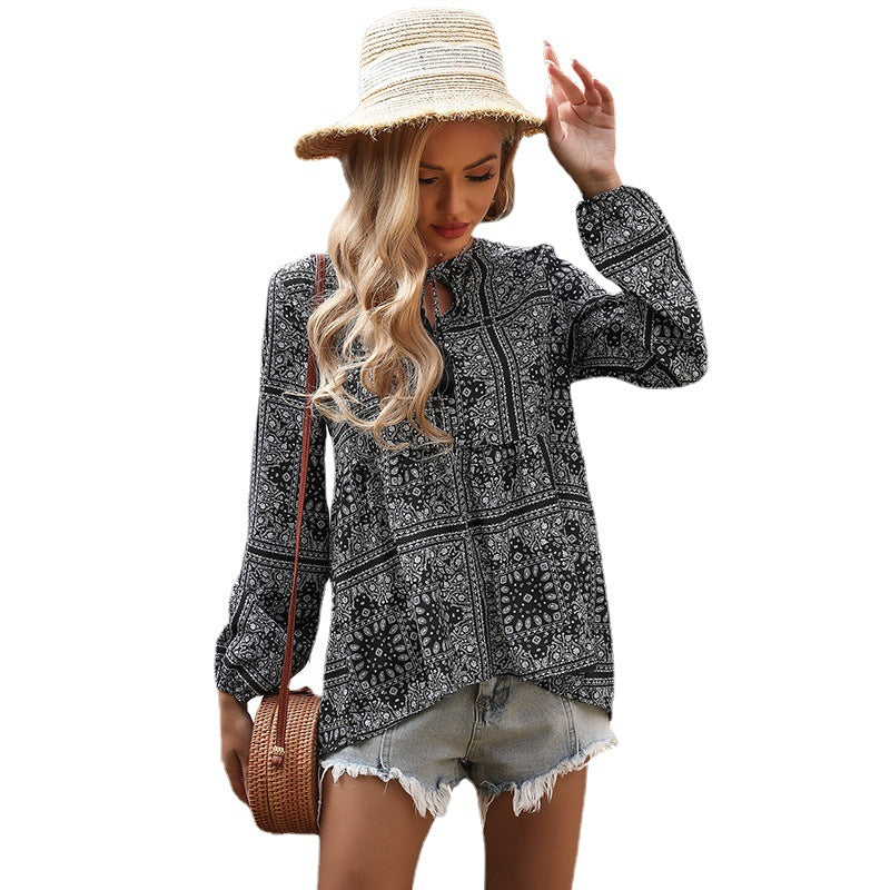 Retro Top V-Neck Fringe Sleeve Long-Sleeve Printed Shirt