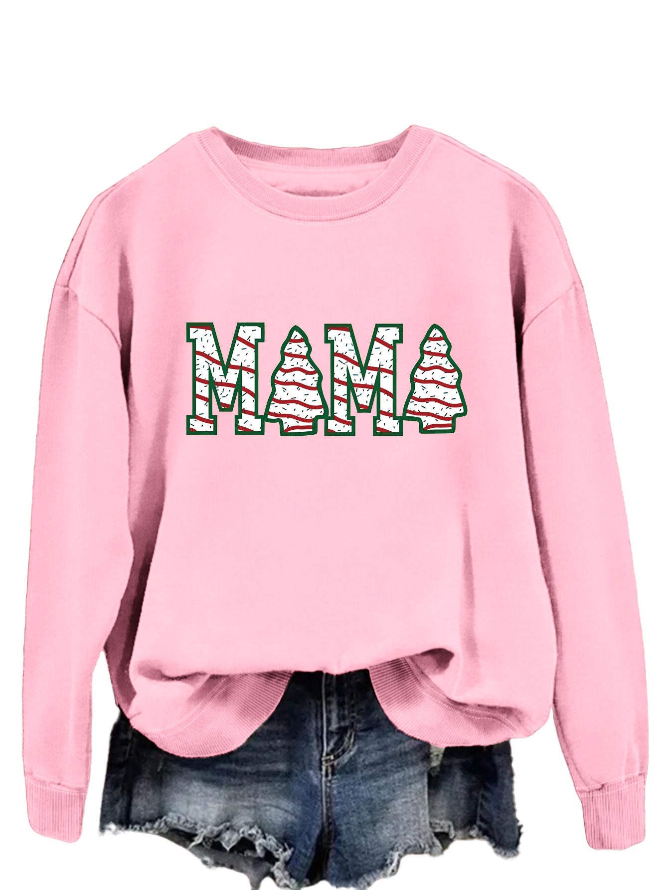 Fashion Crew-Neck Hoodie Mama Letter Christmas Tree Long Sleeve Blouse