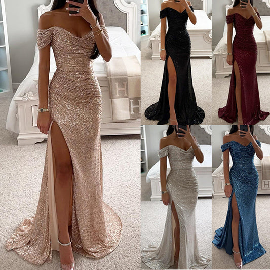 New Party Sequin One-Line Neck Slit Dress Casual Fashion Dress For Women