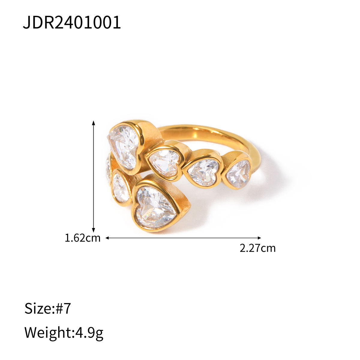 5pcs Fine Titanium Steel Ring 18K Gold Stainless Steel Inlaid With Love Shaped Zircon Staggered Opening Ring