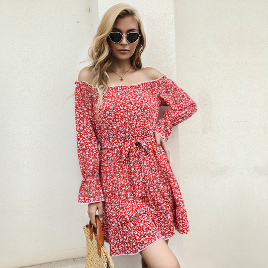 New Women's Floral Long-Sleeved Off-The-Shoulder One-Shoulder Dress