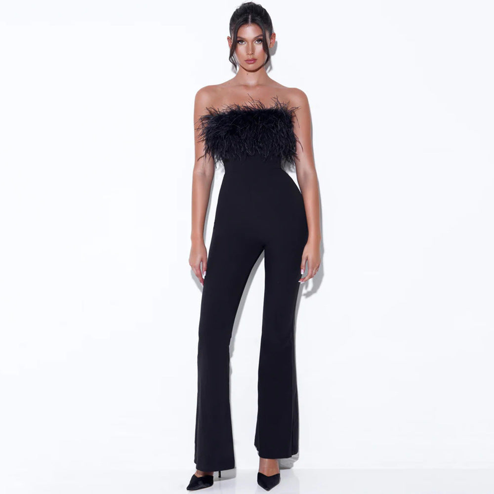 Sexy Blazer Feather Bandage Jumpsuit Temperament High Waist Stretch Wide Leg Flared Pants Women