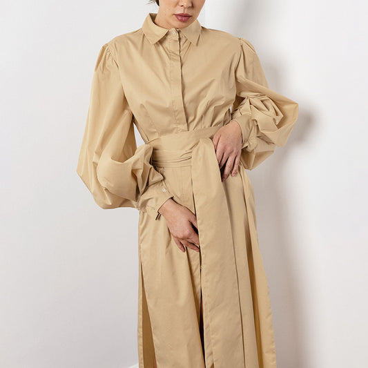 Autumn Sexy Temperament Sense Lapel Puffed Sleeve Solid Color Belt Slit Dress For Women