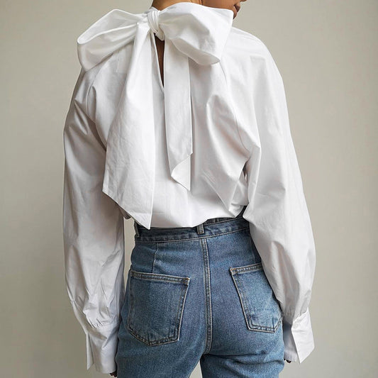 Autumn Bow Shirt Women's High Collar Stand Collar Of Small White Dress Shirt Temperament Top