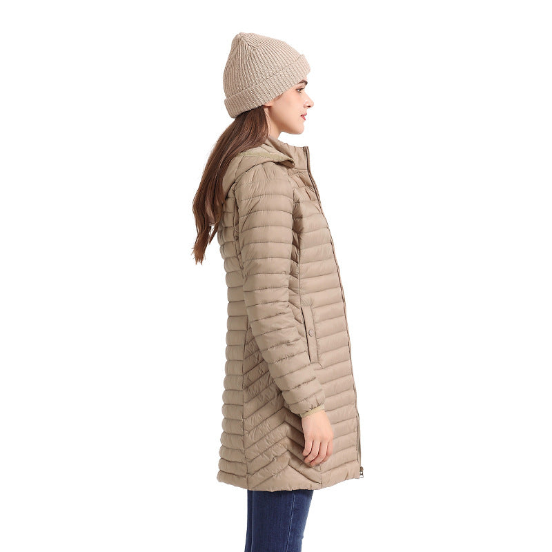 Women's Fall/Winter Lightweight Mid-Length Slim-Fit Cotton-Padded Jacket Removable Hooded Casual Commuter Coat