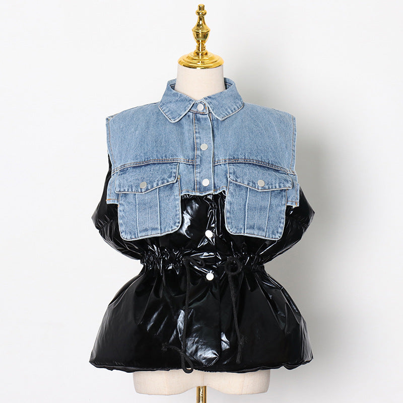 Denim Splicing Vest Spring New Fashion Temperament Casual Vest Short Cotton-Padded Vest Coat