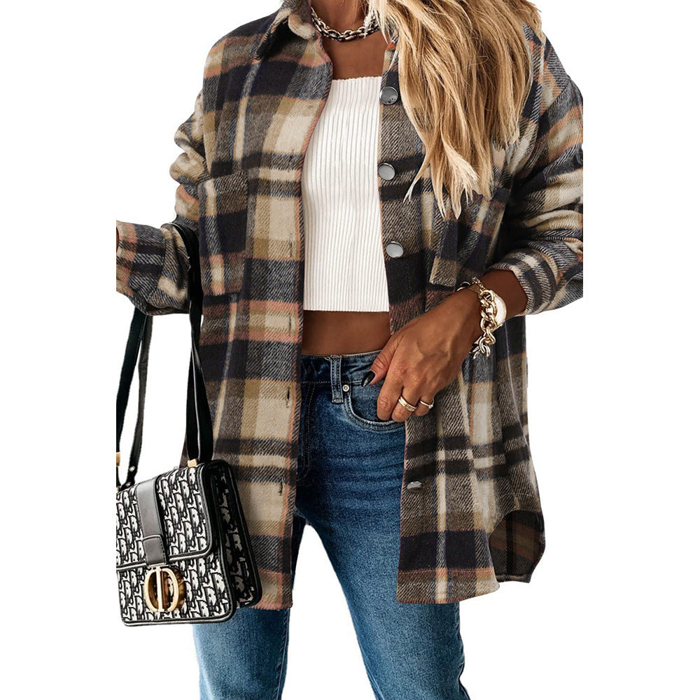 Casual Mid-Length Plaid Jacket Women's Loose Cardigan Lapel Shirt