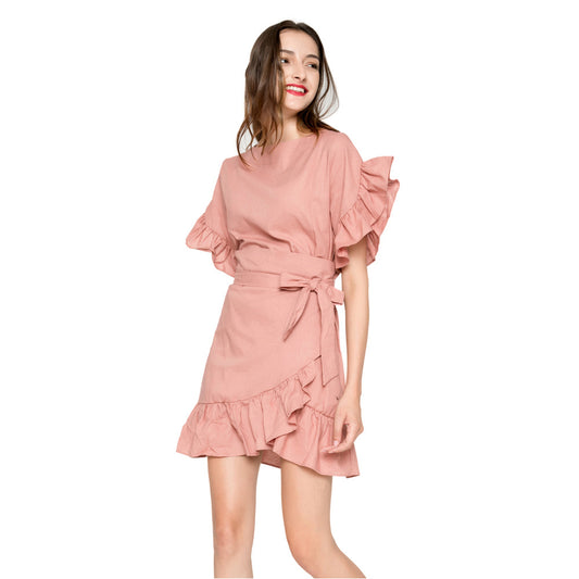 Fashion Adjustable Belt Ruffled Stitching A Line Skirt Spring New Cotton And Linen Dress Women's Tide