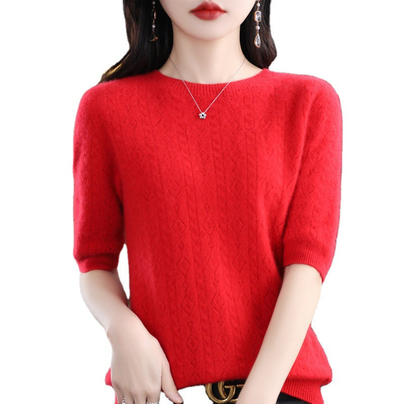 New Spring And Summer Round Neck 100 Knitwear Women Hollow Half Sleeve Bottom Top Knitting