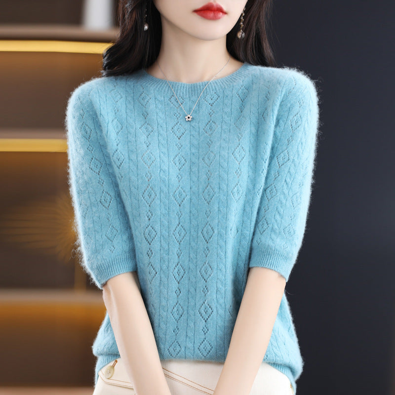 New Spring And Summer Round Neck 100 Knitwear Women Hollow Half Sleeve Bottom Top Knitting