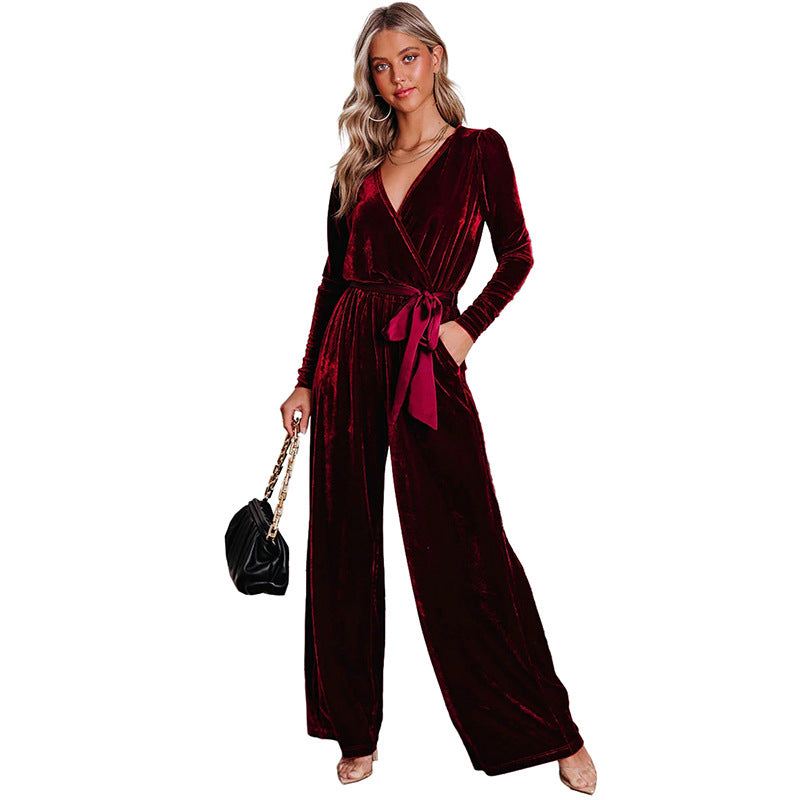 Fall New Solid Color Velvet Wide Leg Pants Ladies Commuter Style Lace-Up Jumpsuit Women