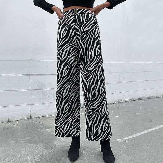 New Autumn Winter Casual Pants Commute Zebra Print Wide-Leg Pants Women