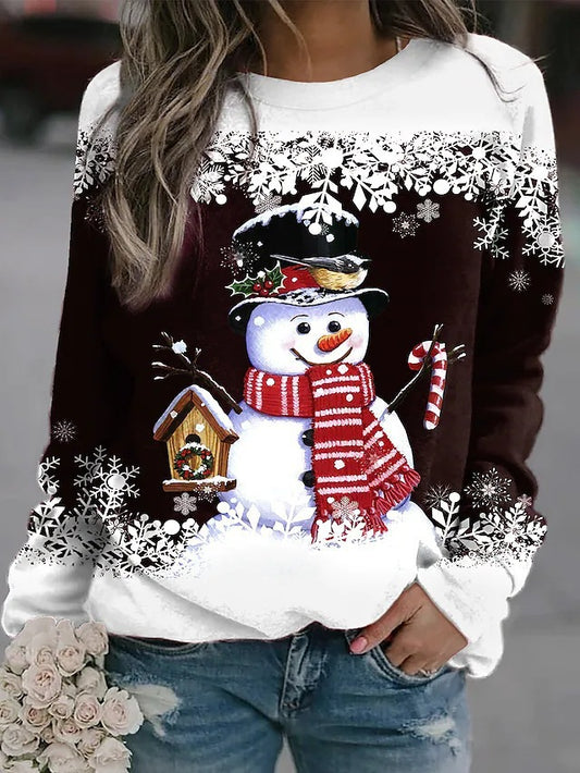 Christmas Round Neck Women's Hot Snowman Print Women's T-Shirt Autumn And Winter Loose Hoodie