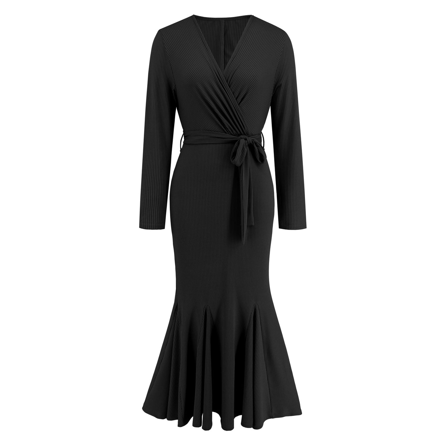 Women's V-Neck Long Sleeve Slim-Fit Temperament Fishtail Skirt Knitted Long Dress Dress Big Size