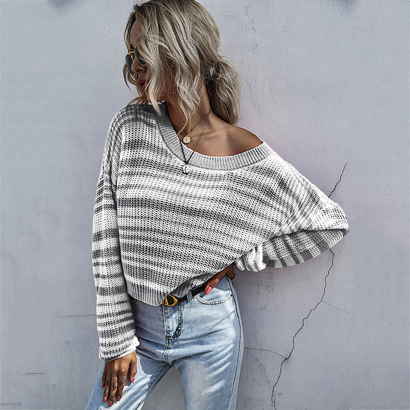 Autumn Round Neck Long Sleeve Bottom Knit Sweater Short Striped Sweater Woman