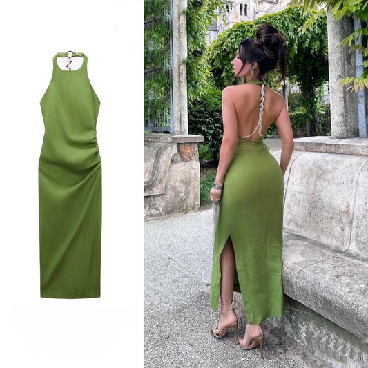 Wind Summer Women's New Green Fringe Decorated Linen Halter Dress