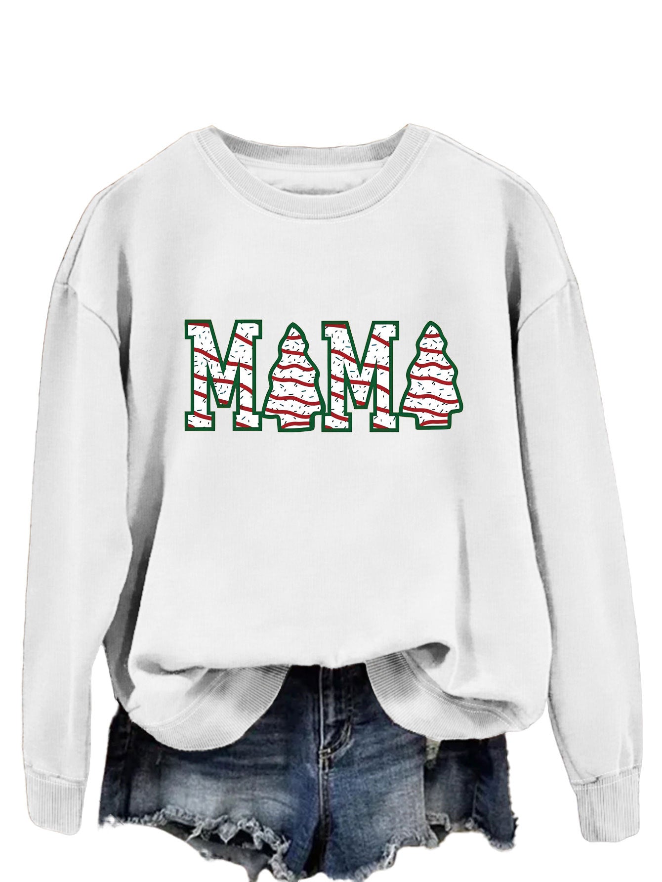 Fashion Crew-Neck Hoodie Mama Letter Christmas Tree Long Sleeve Blouse