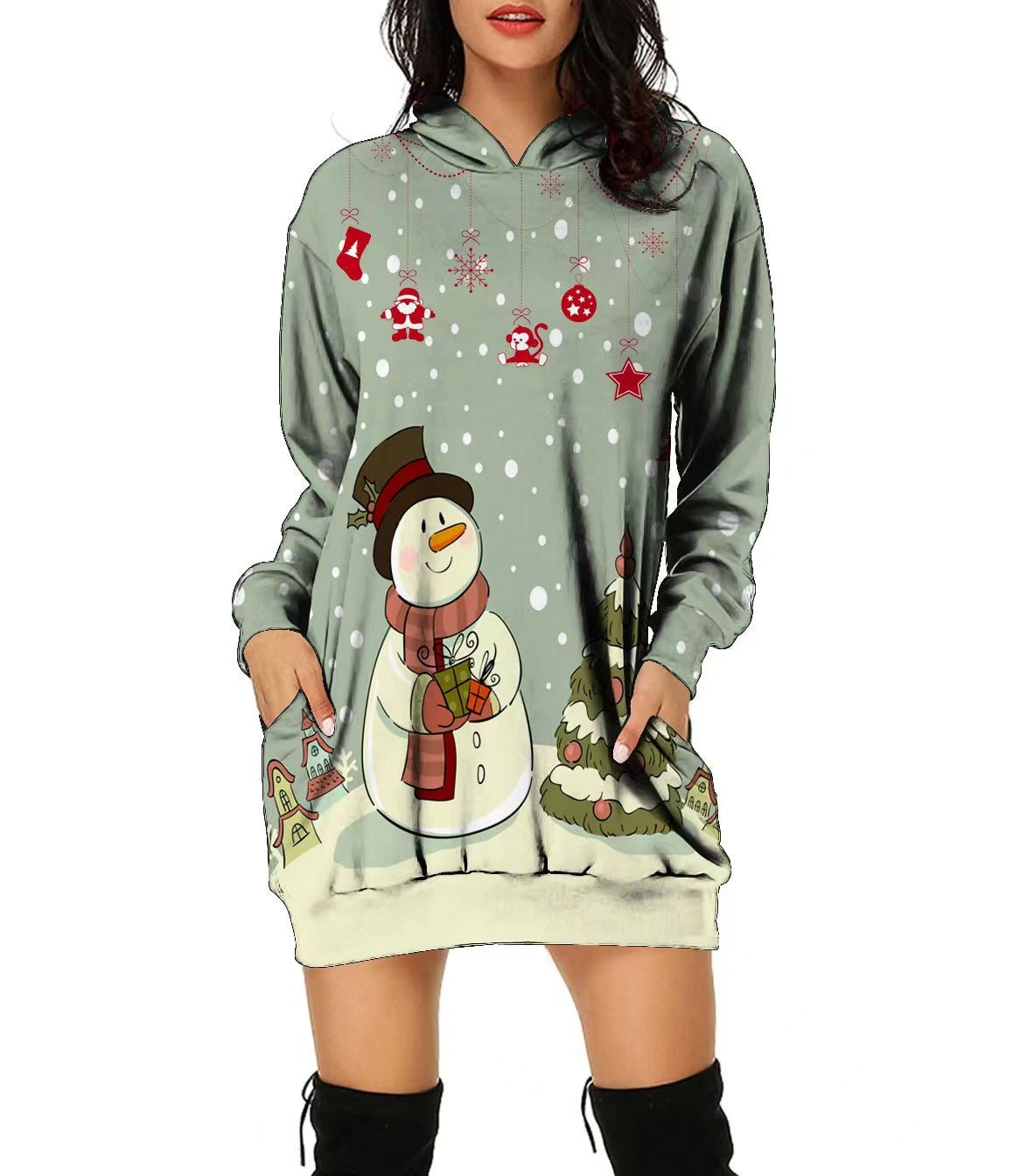 New Christmas Hoodie Moose 3D Printed Long Hoodie Autumn Loose Hoodie Dress