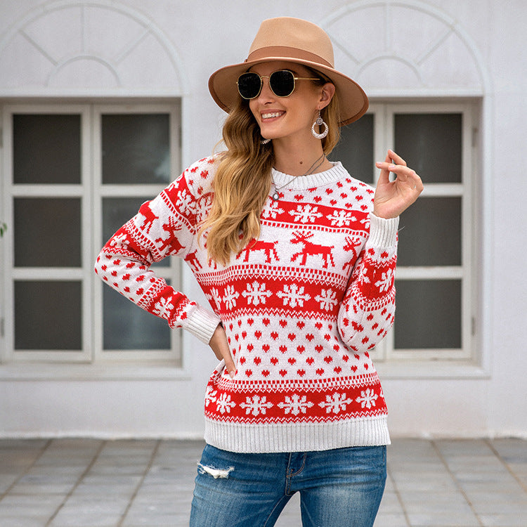 Autumn Winter Fast Sell Sweater Women Christmas Red Round Neck Deer Snowflake Pullover Sweater