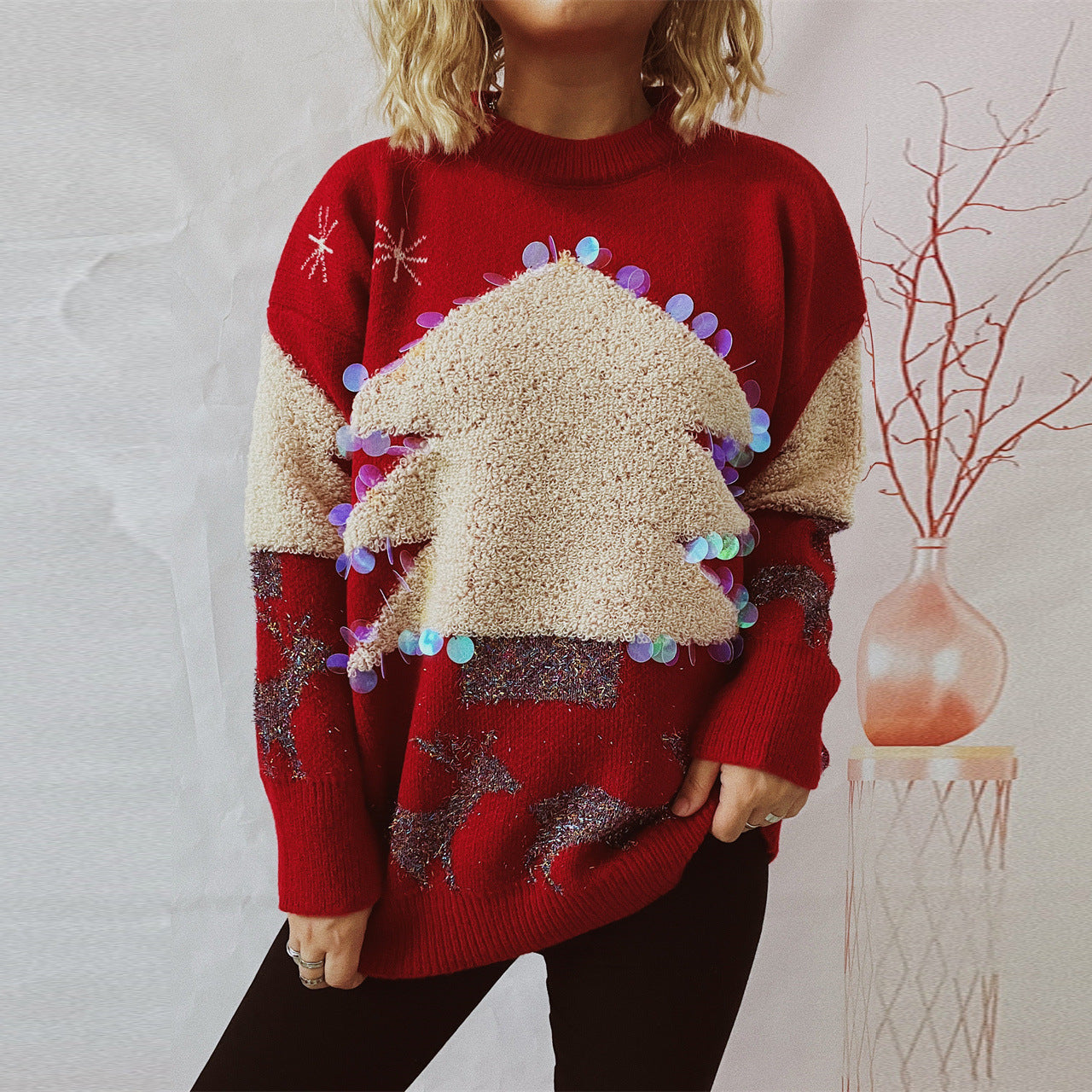 Christmas Holiday Sweater Handmade Sequined Christmas Tree Fawn Jacquard Thickened Jumper