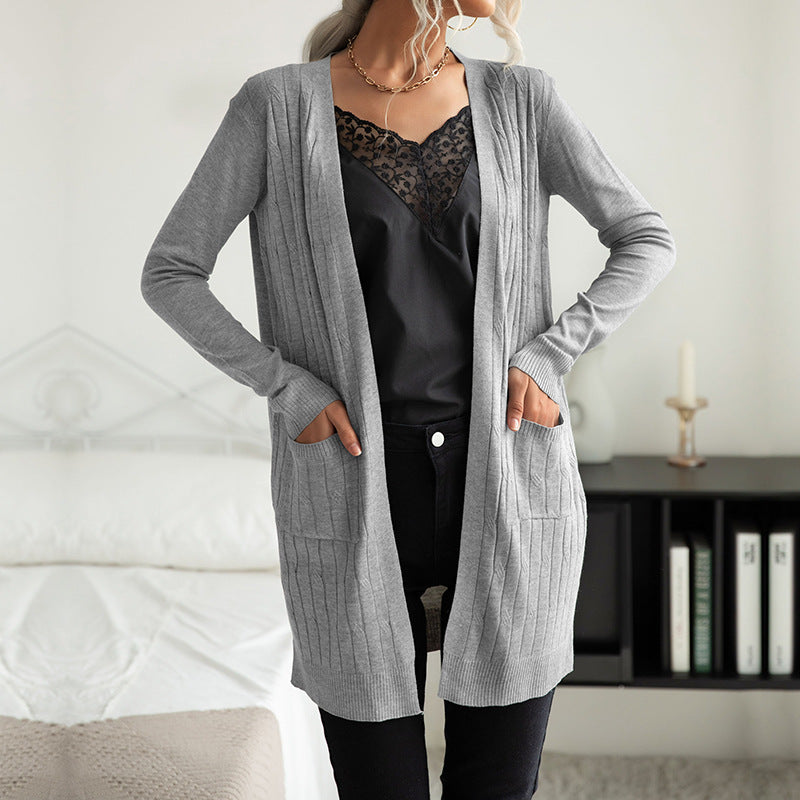 Fashion Women's Autumn Gray Long Sleeve Pit Strip Sweater Cardigan Long