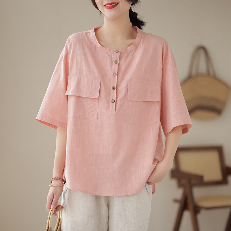 Linen Shirt Woman Summer Collar Large Size Loose Casual Shirt Short Sleeve Blouse Fat T-Shirt Woman