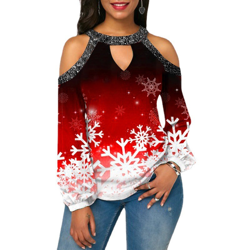 Christmas Print Flared Sleeve Off-Shoulder Round Neck Casual Long Sleeve T-Shirt For Women