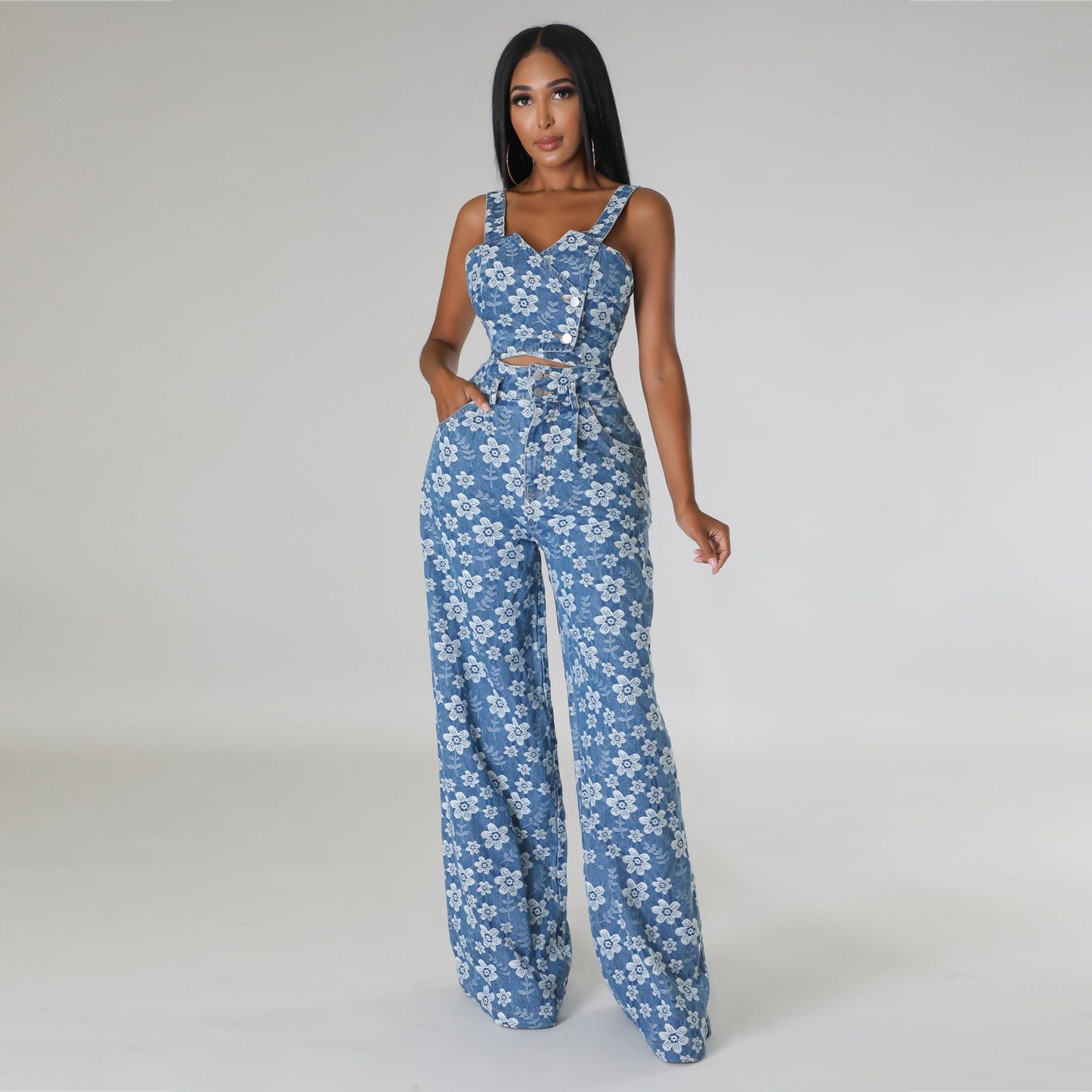 Autumn And Winter Women'sFashion Denim Jacquard Set Ins Nightclub Wrap Top Wide-Leg Trouser Set