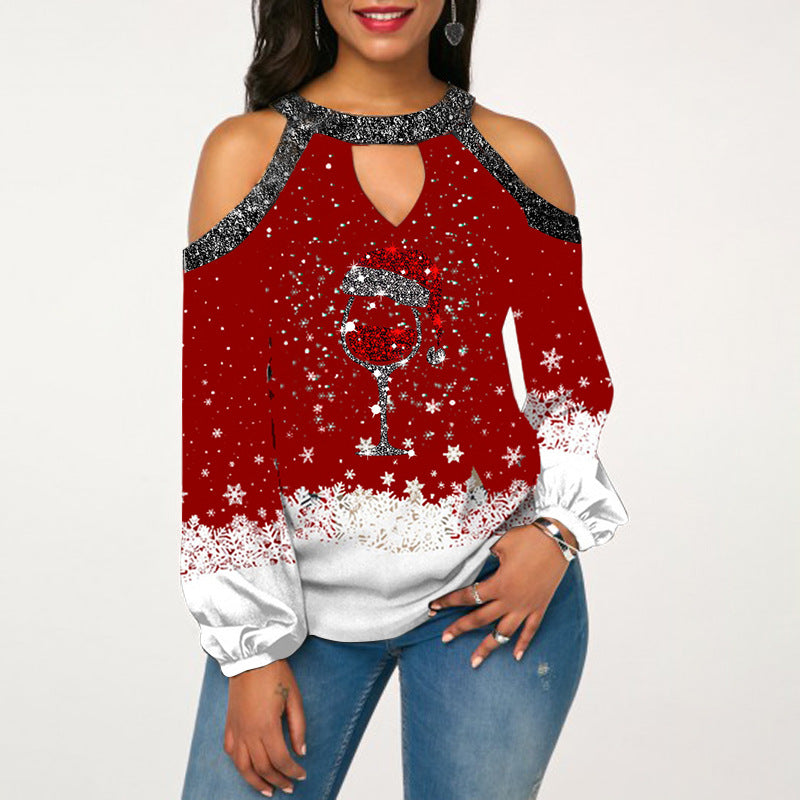 Christmas Print Flared Sleeve Off-Shoulder Round Neck Casual Long Sleeve T-Shirt For Women