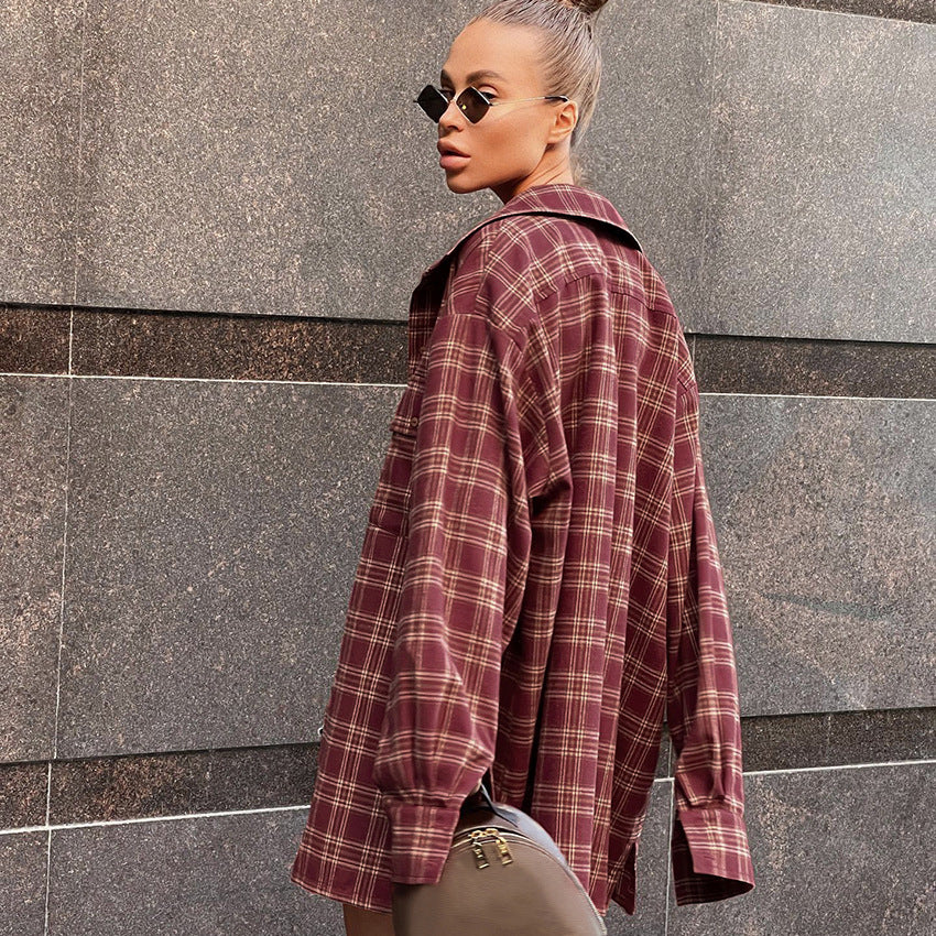 Autumn New Vintage American Red Scottish Plaid Vintage Shirt Women's Casual Loose Long-Sleeved Shirt