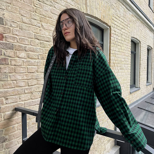 Retro Green Plaid Terylene Cotton Loose Shirt New Autumn Fashion Women's Blouse