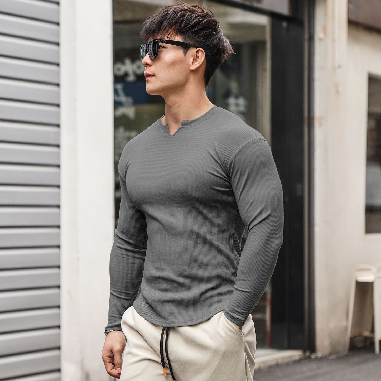 Autumn New Men's Long Sleeve T-Shirt Arc Hem Thread Fabric Comfortable Breathable Casual Clothing Outdoor Sports