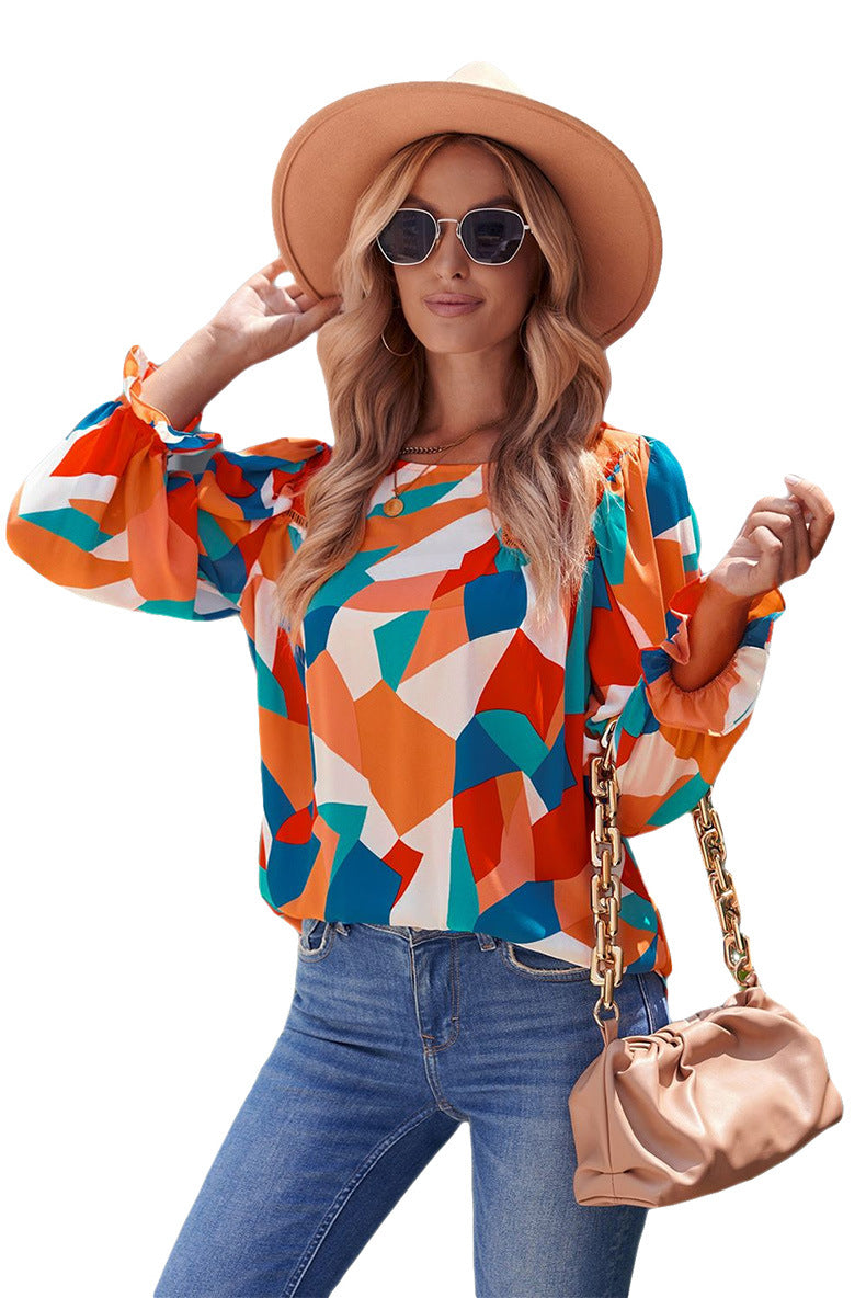 Block Printed Chiffon Shirt Women's Autumn Loose Play Puffy Sleeve Top