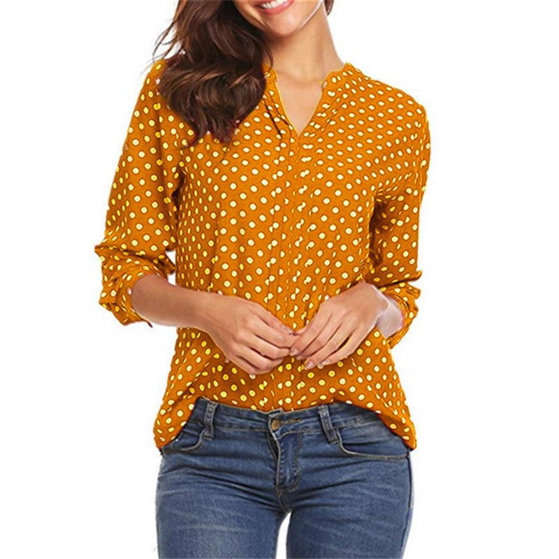 Large Size New Shirt Polka Dot Print V-Neck Long Sleeve Sleeve Loose Ladies Lining