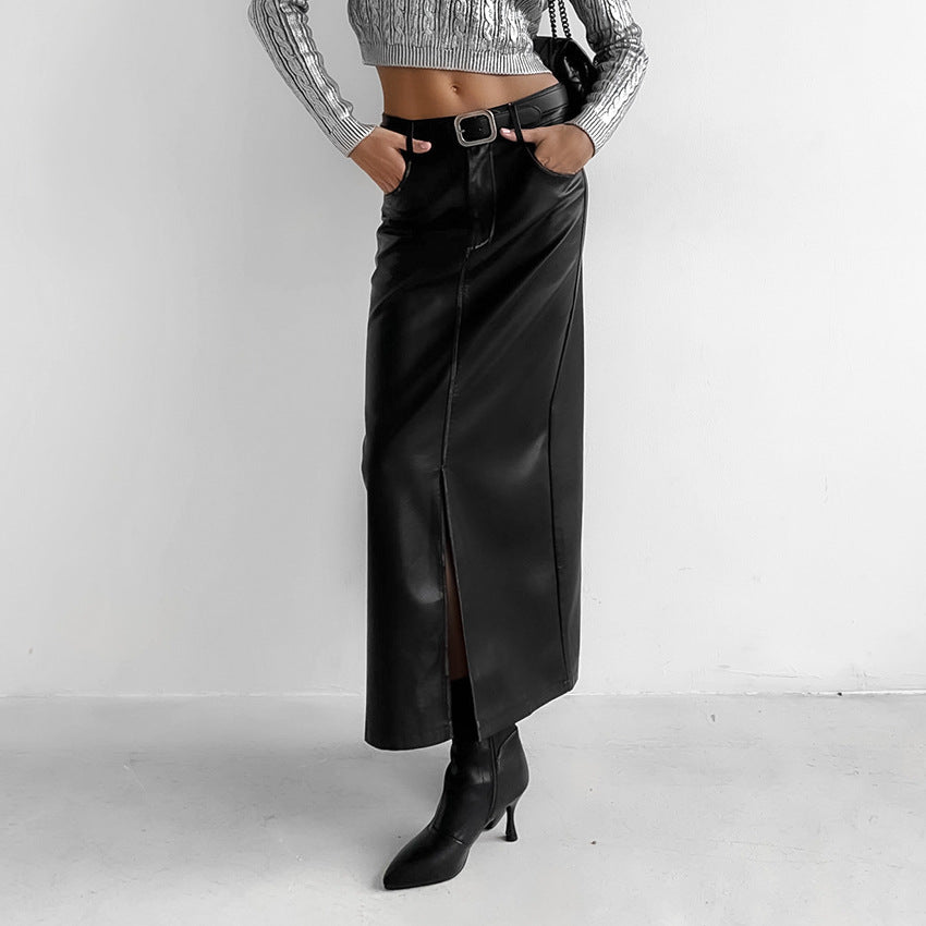 Vintage Fleece Leather Skirt Skirt Fashion Black High Waist Split Straight Leather Skirt Package Hip Skirt Women's Dress