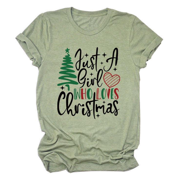 New Just A Girl Fun Christmas Tree Print Round Neck Short Sleeve Female Spot