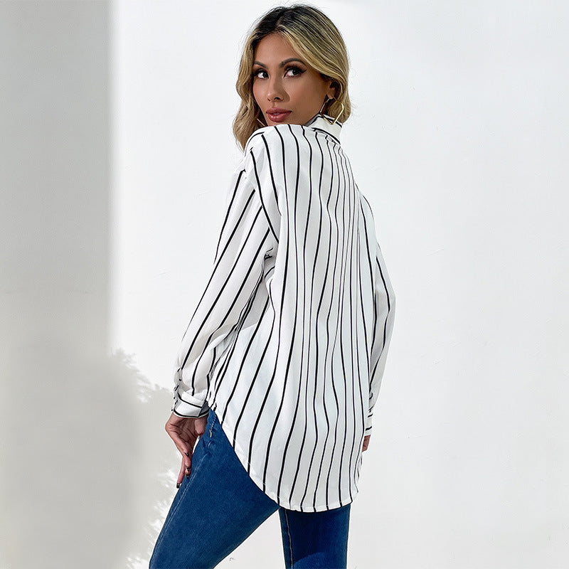 New Professional Women's Loose Lapel White Striped Shirt