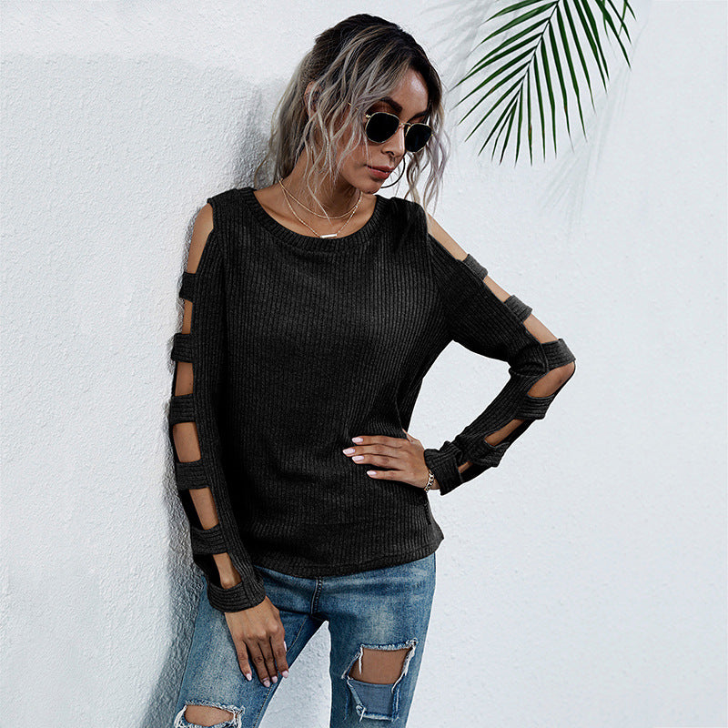 Autumn Off-Shoulder Slim-Fit Sweater Women Hollow Long-Sleeved Bottom Knit