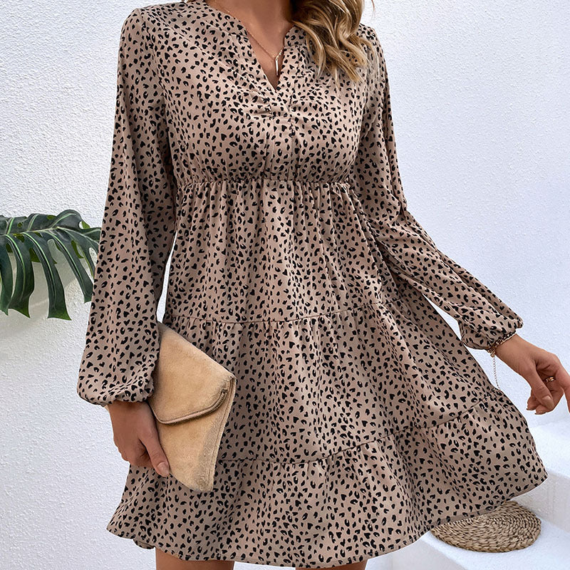 Spring Women's Dress New Wrinkles Leopard Long-Sleeved Dress