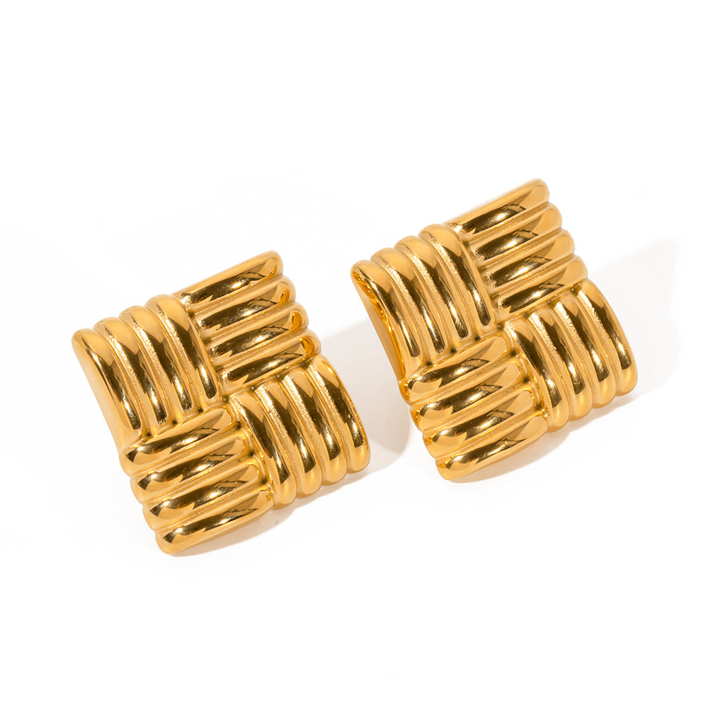 5pcs Fashion Personality Earrings 18K Gold Stainless Steel Square Texture Earrings Temperament Earrings